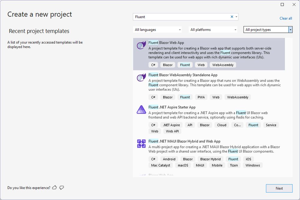 Visual Studio's 'Create new project' dialog showing all Fluent templates