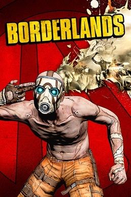 Borderlands cover art, with a Psycho pointing fingers to head in pantomime of a gun