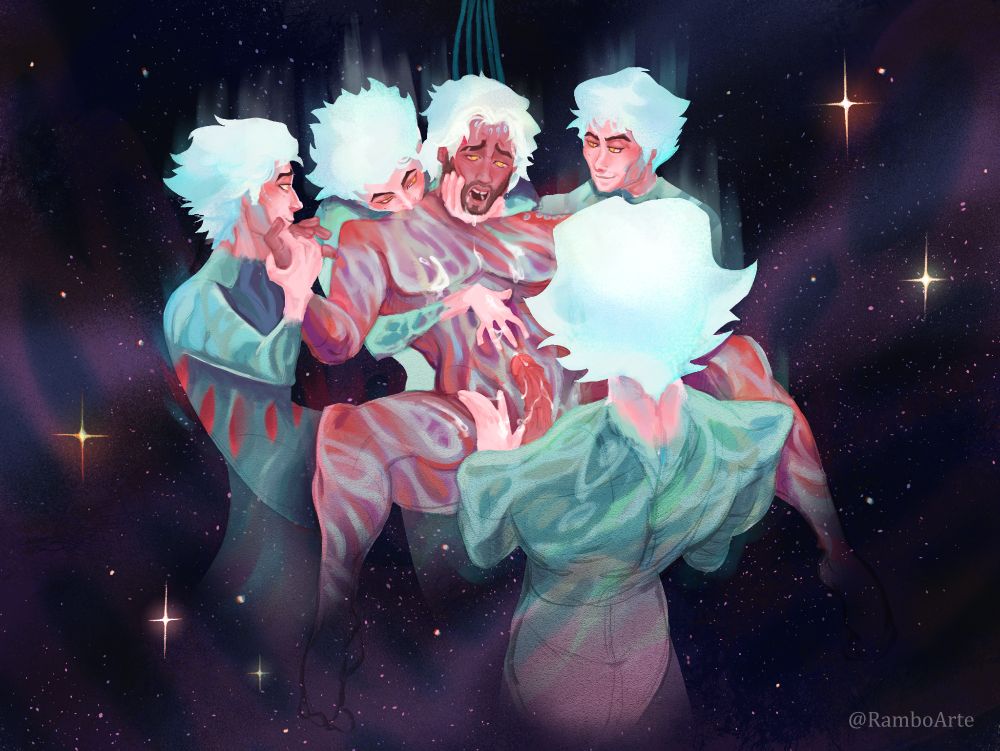 Astral plane jayce receiving endless love from Viktor(s),
Jayce is floating, there are 4 Viktors. One, from the left side, is gently holding Jayce's hand; the other, standing behind, holds Jayce's head in place with one hand, and the other hand's sitting on his stomach; the third viktor's admiring Jayce's completion; the last viktor has his shoulders facing the painting, he's the one jayce is looking at..