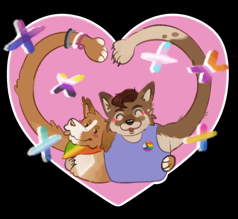 Adri & Bobi forming a heart shape with their arms surrounded by stars with different LGTB+ flag colors