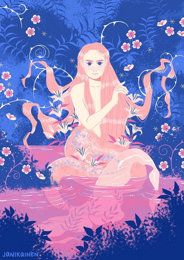 Digital artwork of a mermaid sitting in low water surrounded by wild brushes and flowers. She is staring straight at the camera and playing with her hair.