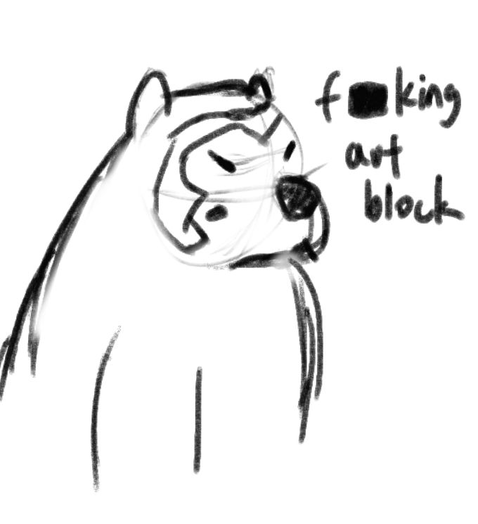 A doodle of hubble, sitting in feral form, with a frustrated expression, stating "f**king art block"