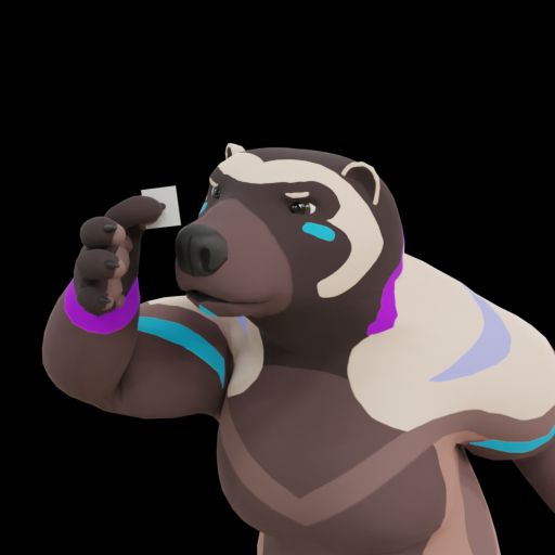 A sticker of Hubble the Wolverine, comedically squinting very intently at a small piece of paper.
