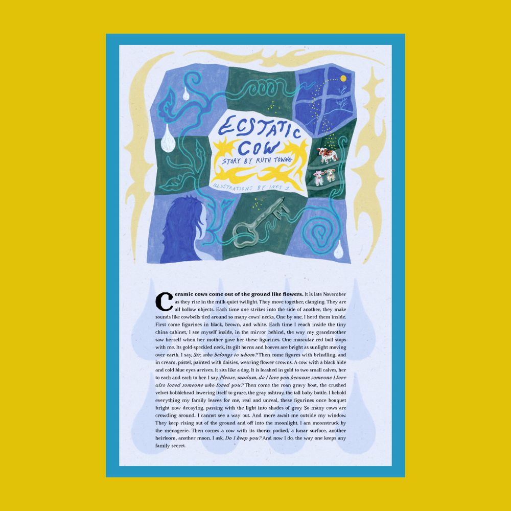 An image of the illustration for Ruth's poem, by the artist Ines J. It depicts small cows on a shelf and teardrops raining from the sky.