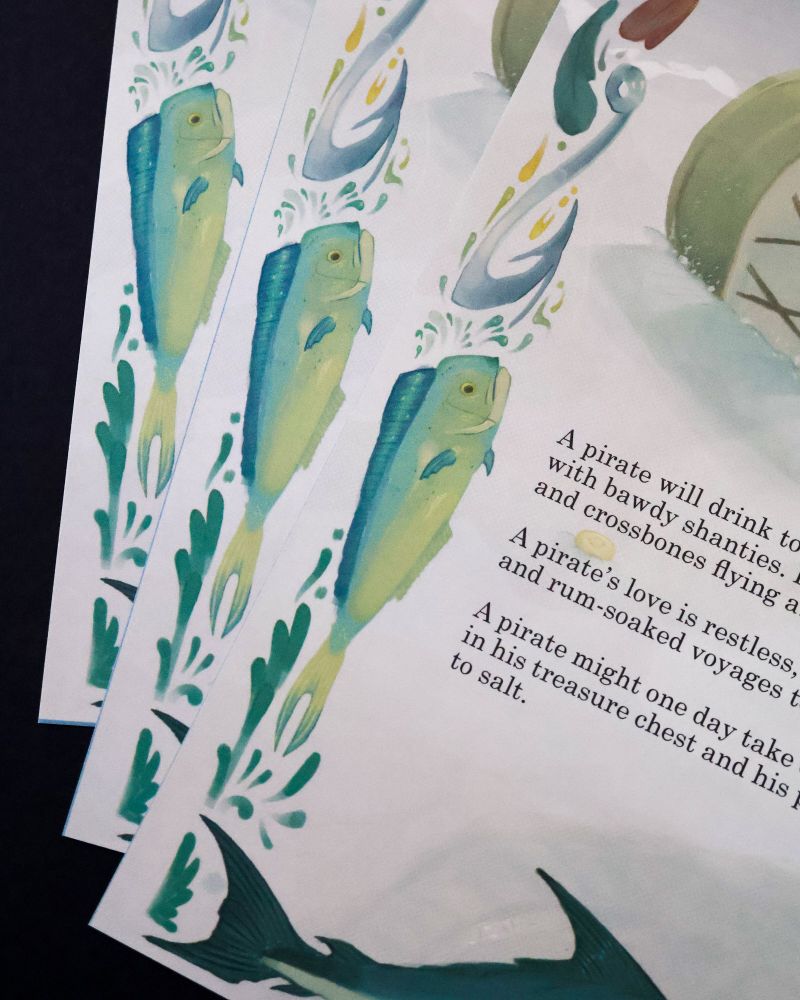A closeup on the fish that make up the border of the art around the story.