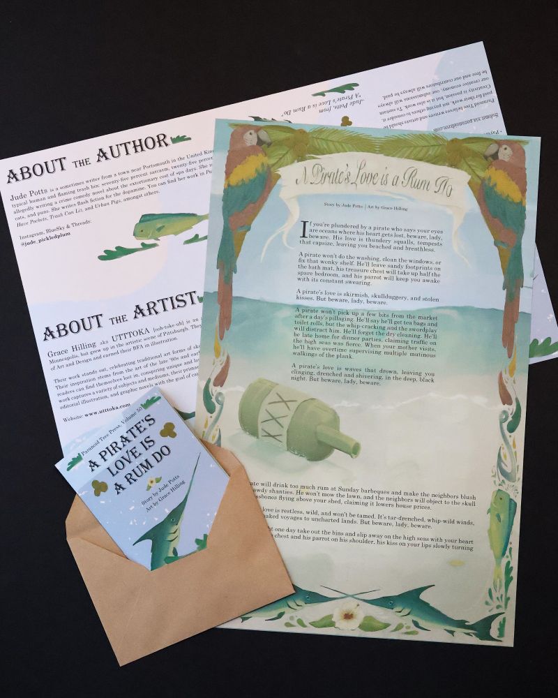 The front and back of the volume 50 zine. The front side displays the full story text. The back side includes the author and artist bios.