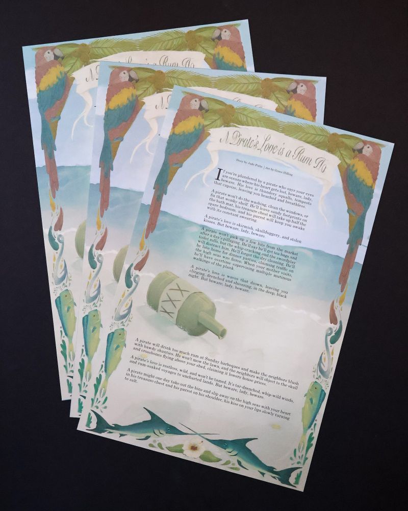 Copies of volume 50, featuring an empty bottle of rum, two parrots, and swordfish with their beaks crossed.
