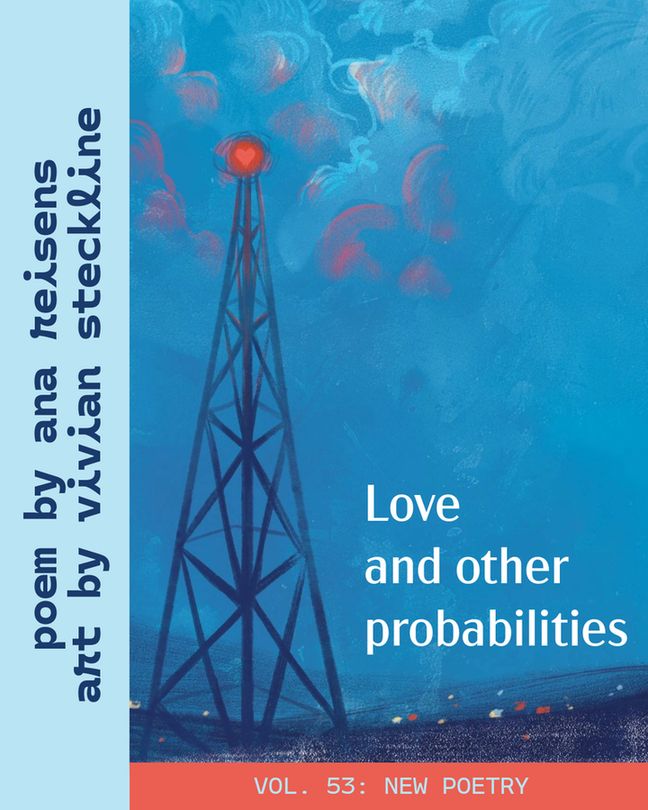 An image of a radio tower with a red light at the top, shaped like a heart. This is volume 53 of Paranoid Tree, with a poem by Ana Reisens and art by Vivian Steckline.