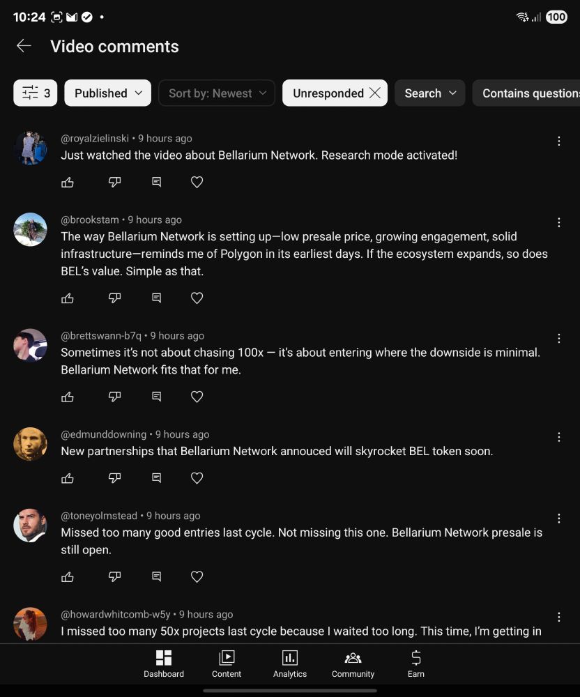Screenshot of Youtube comments that all promote Bellarium, presumably a crypto shit coin