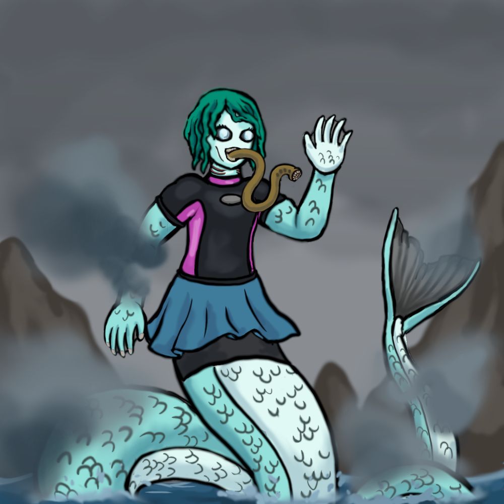 digital drawing of a mermaid, with a long snake like tail, pale blueish skin/scales, sickly green hair, completely white eyes, sharp teeth, and a lampray coming out of her mouth. She is wearing a modified wetsuit, and is waving happily. In the background is a dark, foggy landscape.