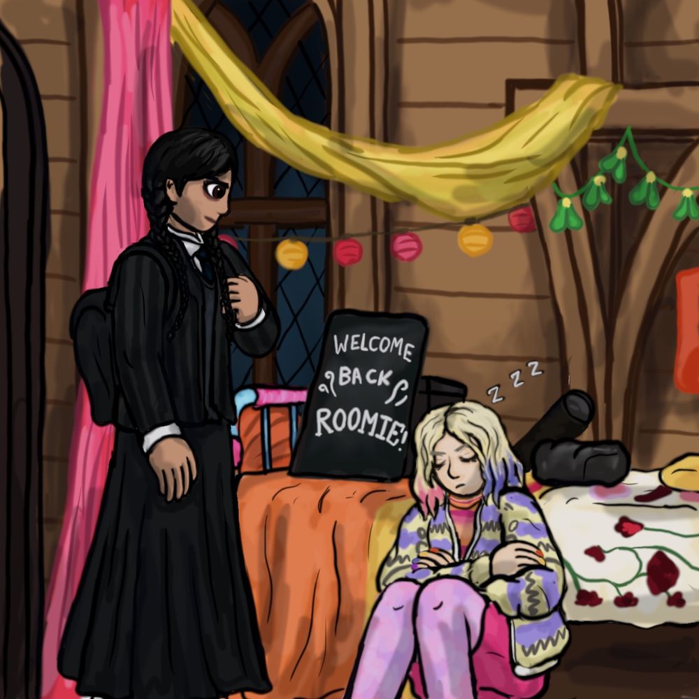 Digital fanart of the show Wednesday. Wednesday has just walked back into her room at Nevermore Academy at the start of a new term

She’s looking down at Enid, who has fallen asleep sitting next to her bed, clearly having been waiting for Wednesday
On Enid’s bed are several black wrapped gifts and a black sign with white lettering that says “Welcome back Roomie!”