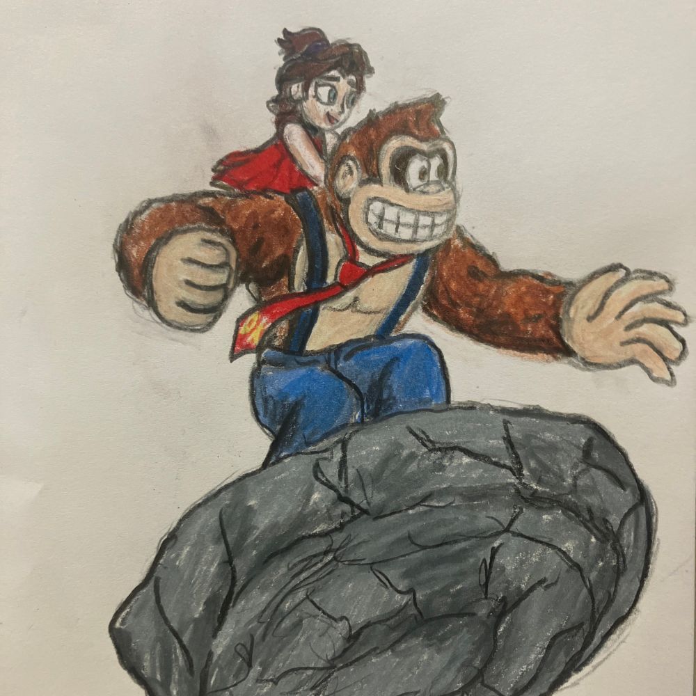 Colored pencil sketch of donkey Kong bananza. 

Donkey Kong is Turf Surfing on a rock, getting ready to throw a punch with Pauline holding onto his back 