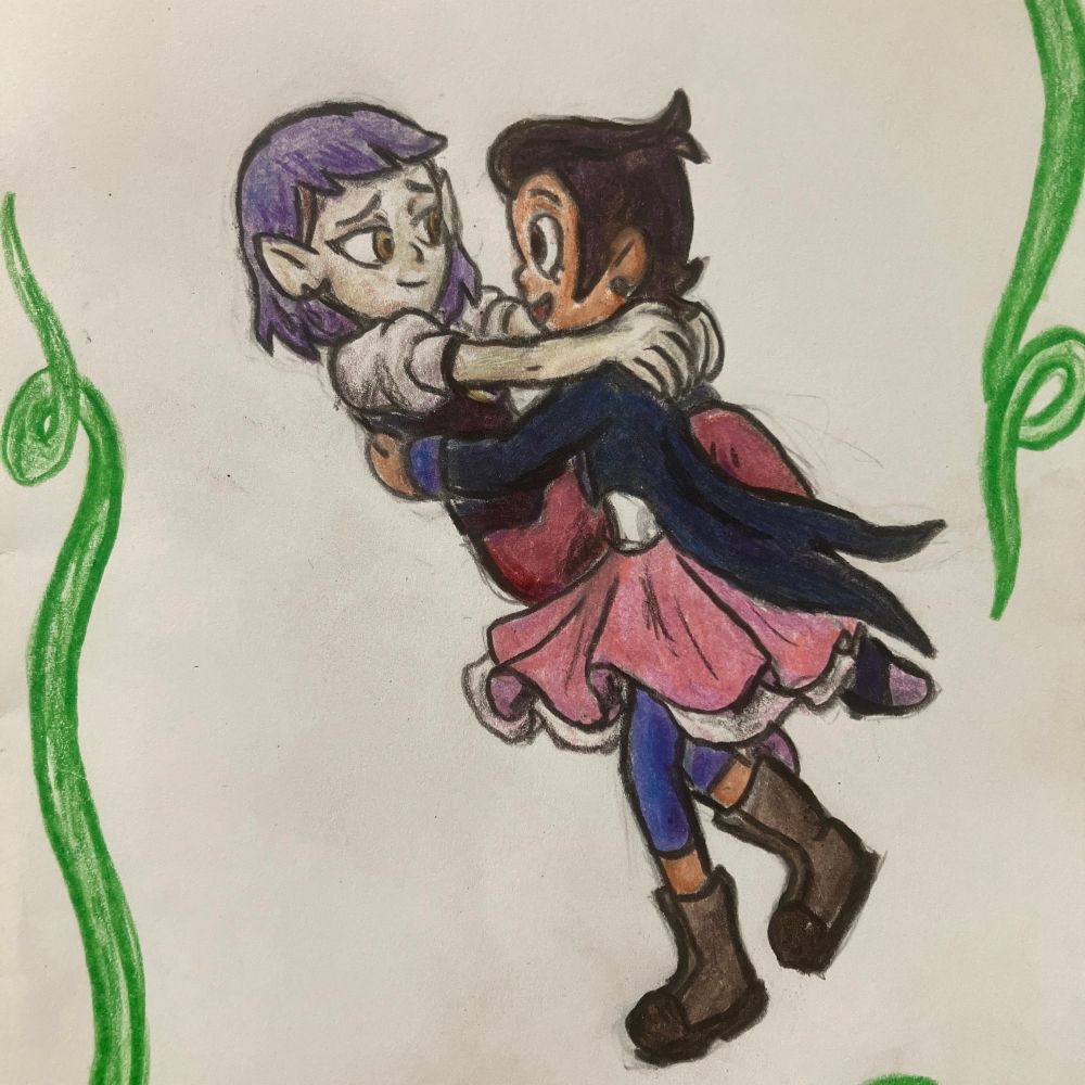 Colored pencil sketch of luz and amity doing a spinning lift from the grom dance. Amity has her season 2 hair