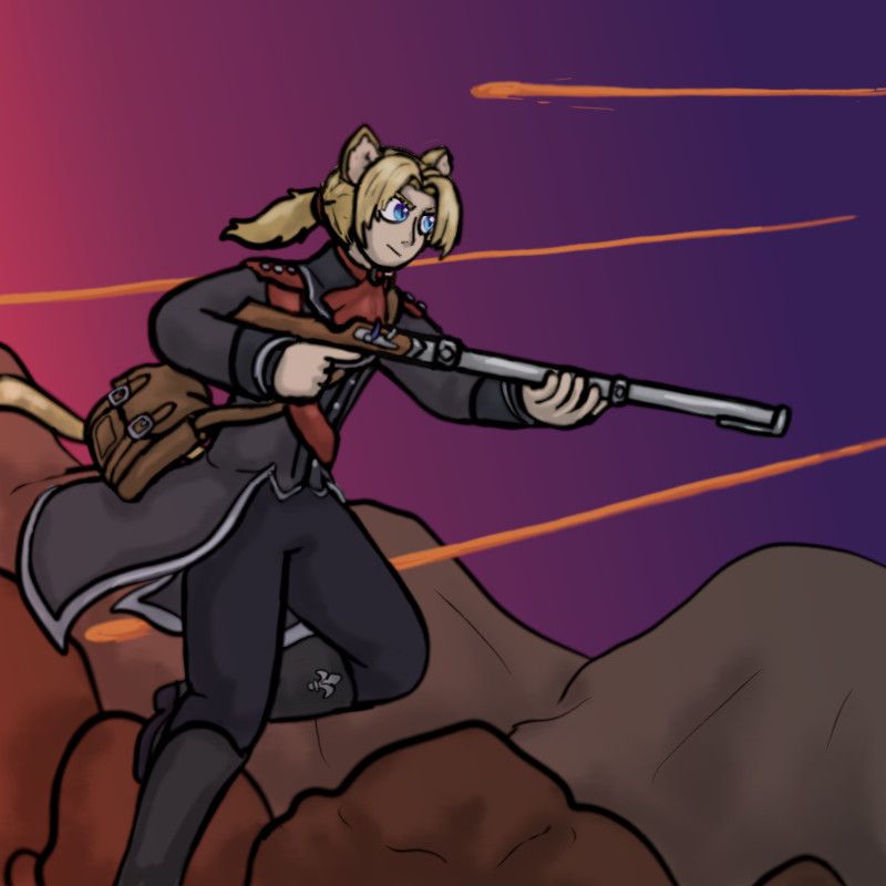 Digital illustration of Soliddraw's character Aldryn, a blonde-haired catboy in a suit who is running with a rifle through rocky terrain. From the right is coming gunfire and he is running towards it