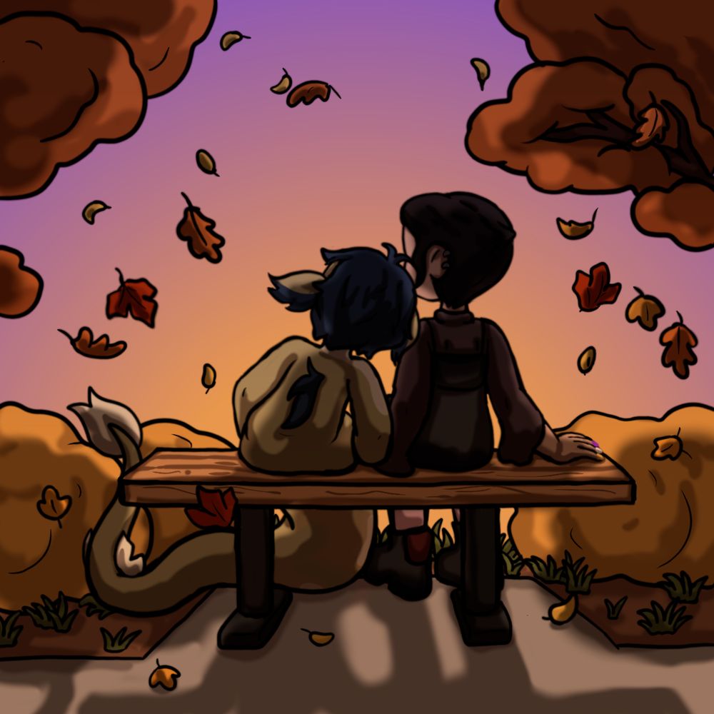 Image depicts Vee Noceda and her partner Masha from the Owl House sitting on a bench together. Vee is in her basilisk form. The pair's backs are to the viewer and they are facing the sunset as the autumn leaves fall from the trees.