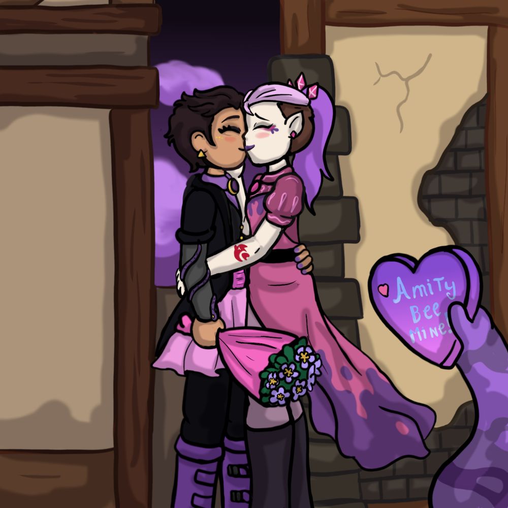 Fanart of Luz Noceda and Amity Blight in their future designs on a date night. Luz’s outfit is based on her grom outfit, and Amity’s is based on her bonesborough brawl outfit. The two are kissing after trading gifts 
