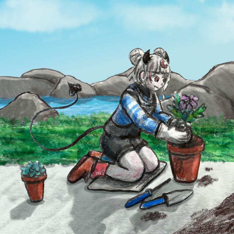 Colored pencil drawing of Stacry's character Tila, a whiteskinned demon girl with black horns and a tail. She is kneeling on the ground while planting some flowers in pots. In the background is a lawn, and a pond surrounded by rocks
