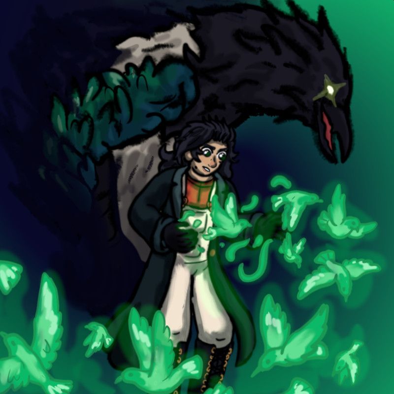 digital illustration of cordysceptswitch's character Jules, who is a man is a green coat with long black feathery hair. He is using illusion magic to create glowing green birds which fly from his  posed hands. Behind him looms his werebird transformation. The birds and the transformation make a sort of yin/yang spiral composition