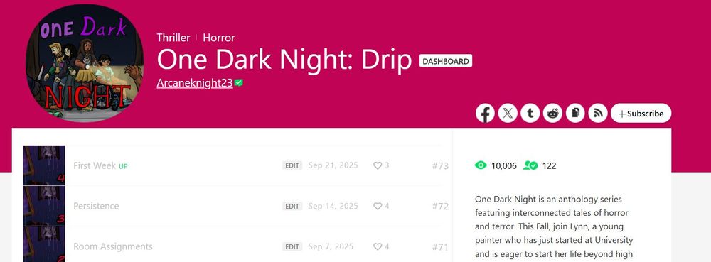 screenshot of the webtoon page for one dark night showing the subscriber and view count
