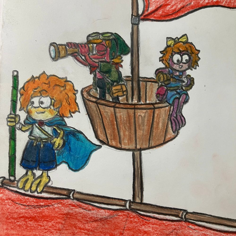Colored pencil sketch of the amphibia frogs with their designs from strange voyage on “the sea snail”

They’re on top of the sail, with ivy balancing on top of the beam over the sail, sprig on lookout, and Polly working on a machine 