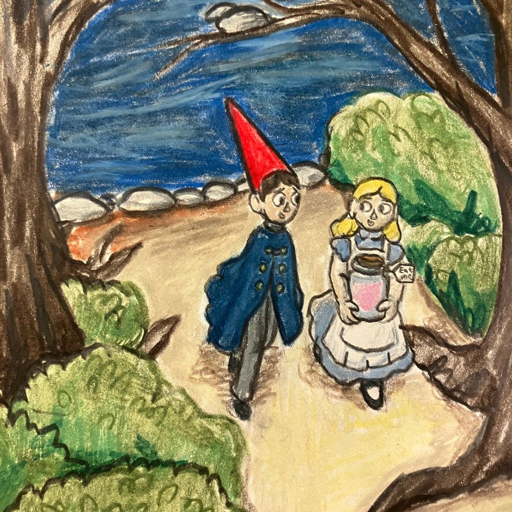 Colored pencil drawing of Wirt from Over the Garden Wall walking with Alice in Wonderland (In OtGW artstyle) as the pair walk through a forest landscape  