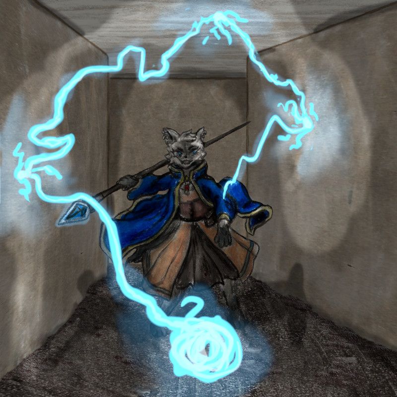Modified and edited colored pencil drawing of Ultraxlavender's character Indra Brightspark, a tabaxi storm sorcerer. She is standing in a hallway facing the viewer and has just launched a ball of lightning yarn as an attack, the spell bouncing off the walls
