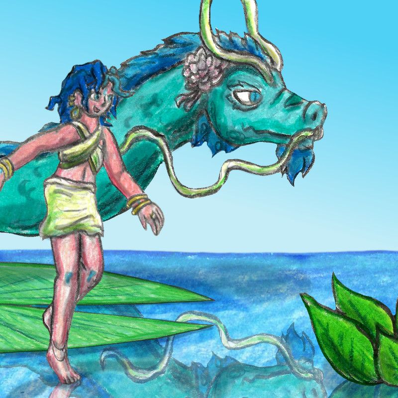 Colored pencil drawing of Zepheren's characters Zana and Ezro
Zana is a pink skinned fairy with bright blue hair and markings. She is running across the water, past lily pads and lotuses. 

In the background, Ezro, a blue dragon, flys along serenely