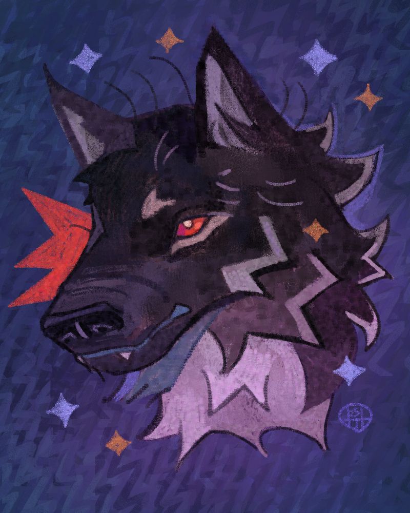 Digitally painted portrait commission of Cody, an oc, in his werewolf form. He is shown here with black, dark gray fur, and with a lighter gray coloring under his neck and in his perked ears. Lighter markings trace the edges of his fur and beneath his eye and lightly on his brow. His eyes are red. He has a neutral, slightly thoughtful expression. Sparkles adorn the image. 