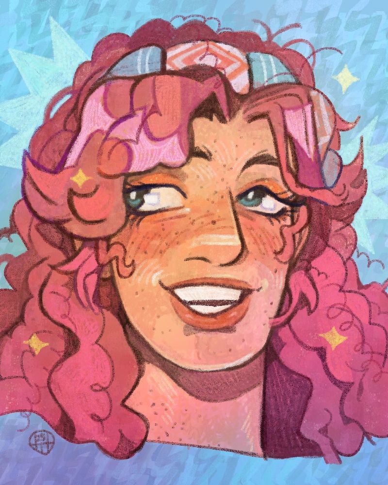 Finished portrait commission for the Bean Bun rewards of Betty from Date Everything! Here she is with pale, peach skin with orange/apricot colored eyeshadow around her deep green/blue eyes. She has pink, curly hair that parts into sweeping bangs around her face and a pillowy headband. She has a warm smile and full lips and a freckled face. Sparkles adorn the image. 