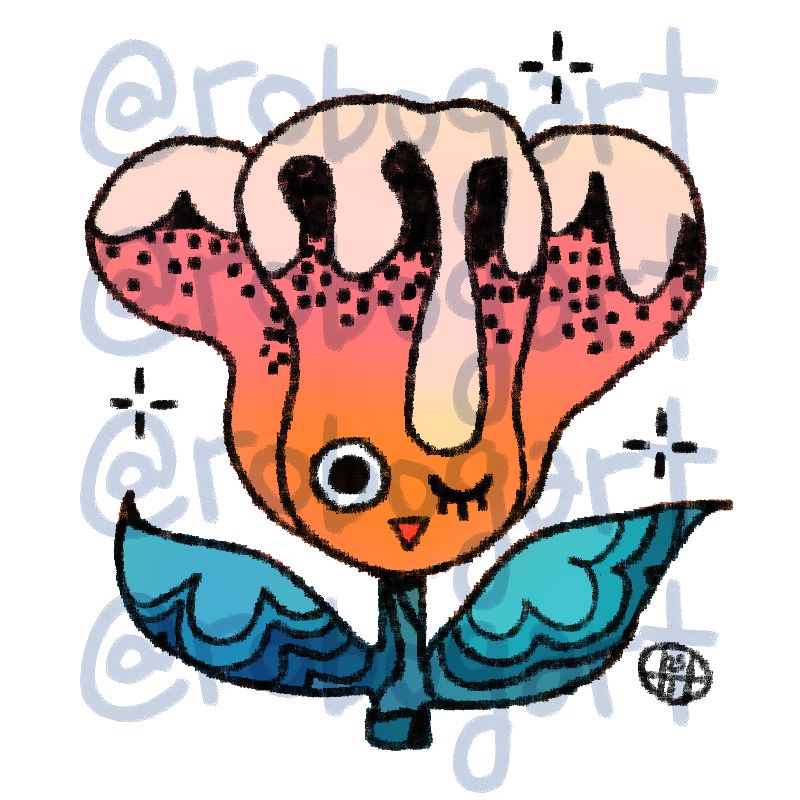 Color Design of a small, little winking flower. The petals of the flower are an orange and pinkish-gradient and it has cool, green/blue leaves. 