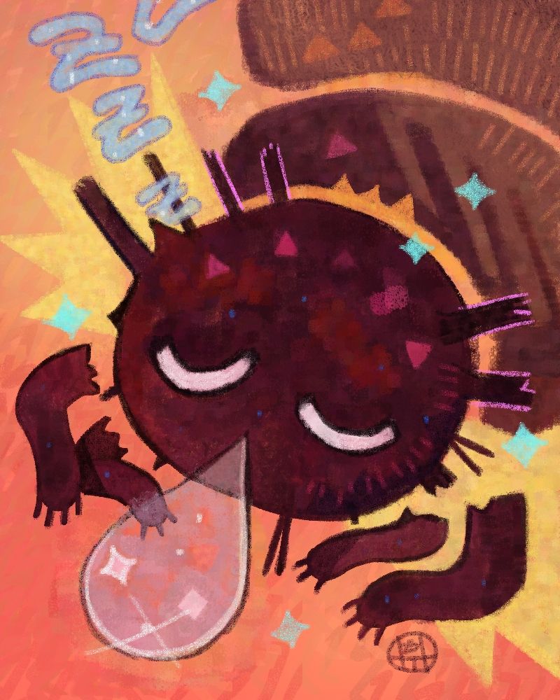Finished portrait commission for the Bean Bun rewards of the little Caterpillar Guy design I made for valence-positive (tumblr)! Here they are with a black, furry head and four little arms, casually draped in front of them. Their eyes are closed and a big, sleepy, snot-bubble comes out of their nose. Little blue, sparkly "Z Z Z"s drift up from their head. Some furry spines stick out of their head as well. Sparkles adorn the image. 
