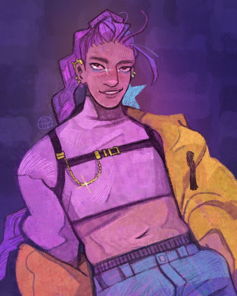 Fanart of Rumi from Kpop Demon Hunters! Here she is with a cropped, long sleeved, white turtleneck draped with an oversized, yellow hoodie. She wears a harness accessory over her top, and a pair of loose looking jeans with boxers peaking underneath. She has multiple piercings, sparkly inner eye makeup and a handsome, confident smile.