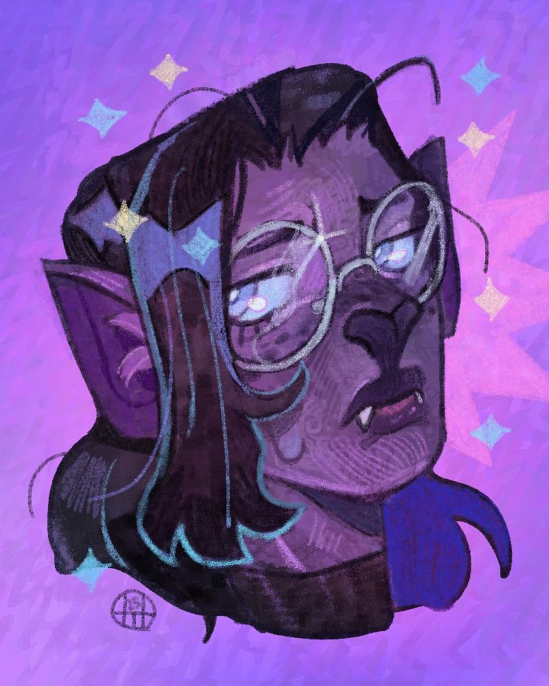 Finished portrait commission for the Bean Bun rewards of Shonar! Here they are, a humanoid bat with dark purple skin, and black, long hair that is partially slicked back. They have a slightly nervous/concerned expression behind their large, silver rimmed glasses. Their nose is a heart shaped bat nose that trails down to their lips, with two dark fangs peeking out. They have large, pointed bat ears. Sparkles adorn the image.