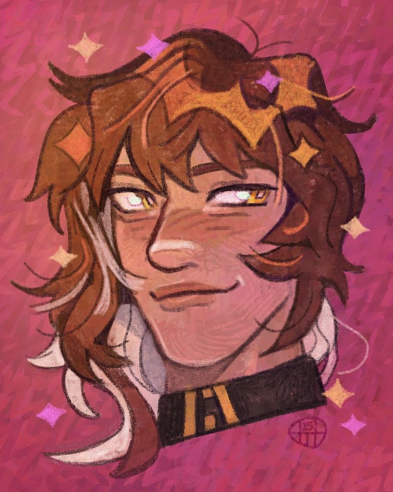 Finished portrait commission for the Bean Bun rewards of Symphore! Symphore is a fan oc for Virche Evermore. Here he is with pale, apricot skin and warm, chestnut brown hair with intermingled streaks and colorations of white hair within it. He has amber eyes and a confident smile as he looks to his left. Sparkles adorn the image. 