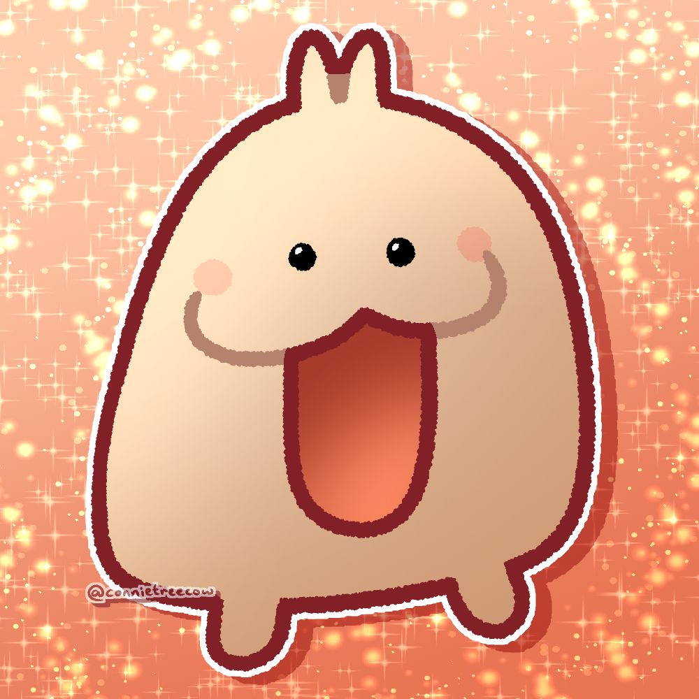 a cute whimsical digital drawing of a small happy round beige creature named Yammy with a big smile