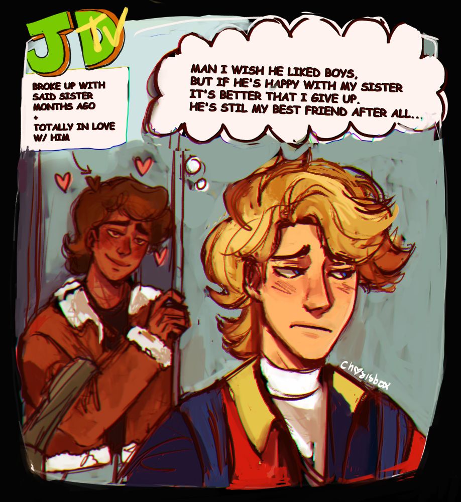 On the front, David walks with a frowns face thinking "man, I wish he liked boys, but if he's happy with my sister, it's better that I give up. He's still my best friend after all.."

Behind him, exer is staring at him with a lovey-dovey face bc yk he's actually in love w/him and he "broke up with said sister months ago"

Ps: If you haven't read Jackson's diary and you like webtoons, give it a try it's very good !!