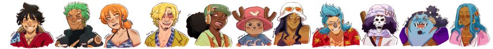 Strawhats line up in my favorite outfits:
Luffy - wano
Zoro - egghead
Nami - skypiea
Sanji - Film RED
Usopp - zou
Chopper - enies lobby
Robin - dressrosa
Franky - Water 7
Brook - Whole cake
Jinbe onigashima
Vivi -Alabasta
