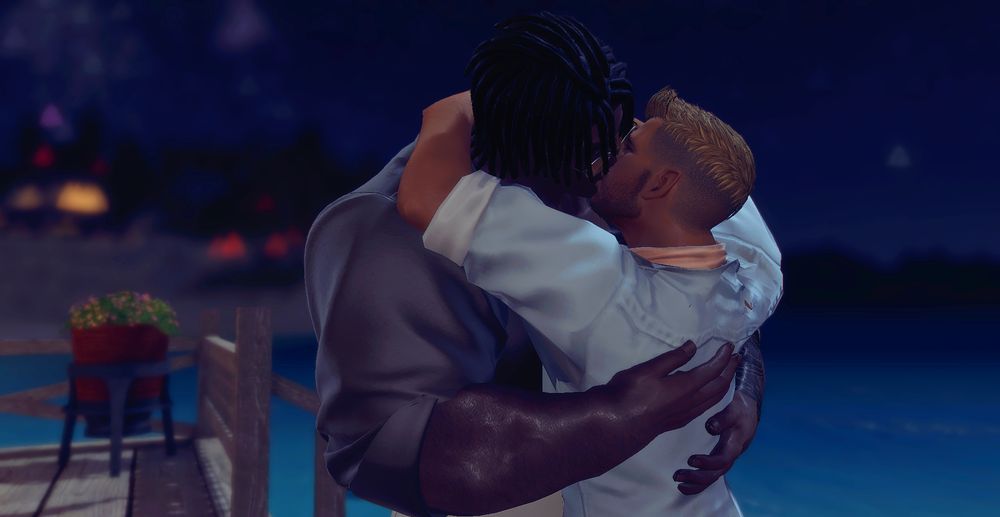 The two end their evening on the beach's docks. Kalendor wraps his arms around Allen's neck as he embraces him. They lean into each other and share a passionate kiss under the night sky.