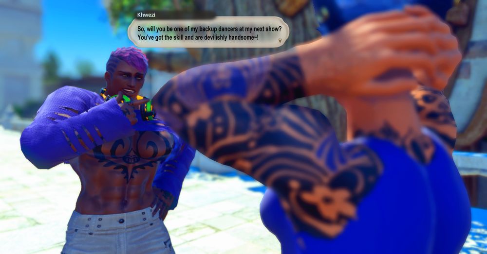 Khwezi slyly asks his buddy C'vahn if he'd like to be one of his backup dancers at his next performance. As he puts it, "You've got the skill and are devilishly handsome," all while sizing the beefy Miqo'te up.