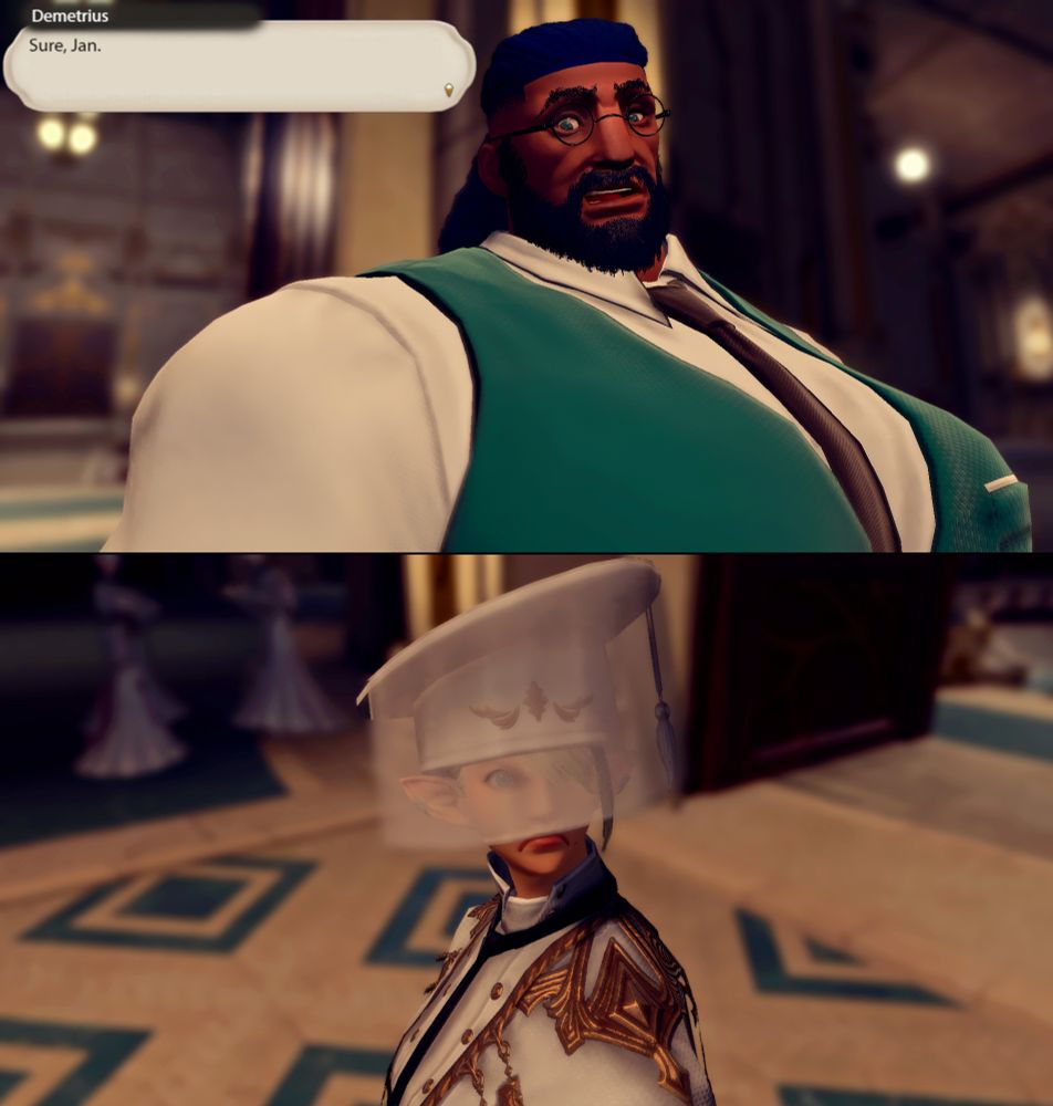 Demetrius says "Sure, Jan" to Jannice with a sarcastic expression. She glowers at him with the intensity of Dalamud despite him towering over her.

A recreation of the "Sure, Jan" meme from "A Very Brady Sequel".
