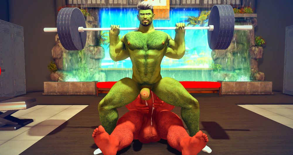 (Front Shot) Lashen (green skinned half-Roe/half-hyur) is doing naked squats with a large barbell. Demetrius is beneath him offering "support"; his massive member slides deeper and deeper into Lashen's hole with every squat.

Lashen's face contorts as he endures the double ended workout.