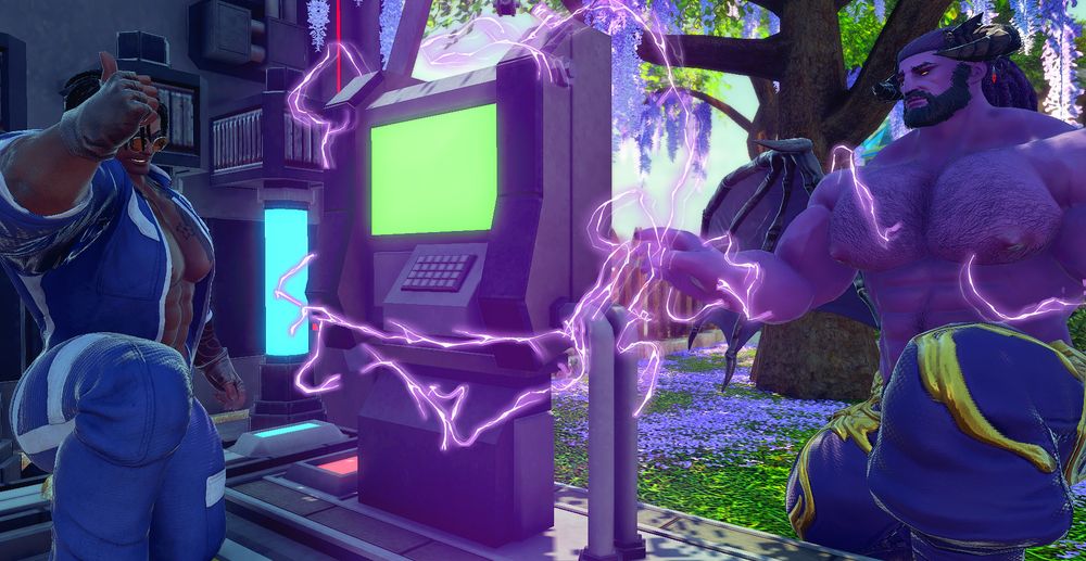 Demetrius wears an expression of defeat as he kneels in his Thunderblight form, arm outstretched. He releases a controlled current of electricity into a control terminal to help get it running again. 
Allen gives him a thumbs up in approval.