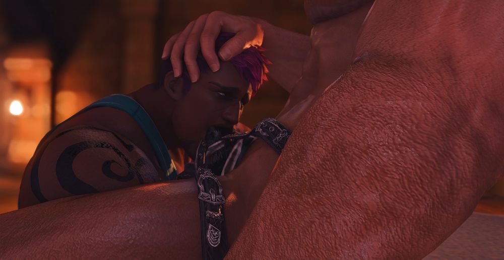 -as is his current sexual partner. Jericho grips Khwezi's head and shoves his strap straight down his throat. He doesn't gag or flinch; Khwezi swallows the entire thing easily and happily, his eyes drifting as he slobbers all over the man's crotch.