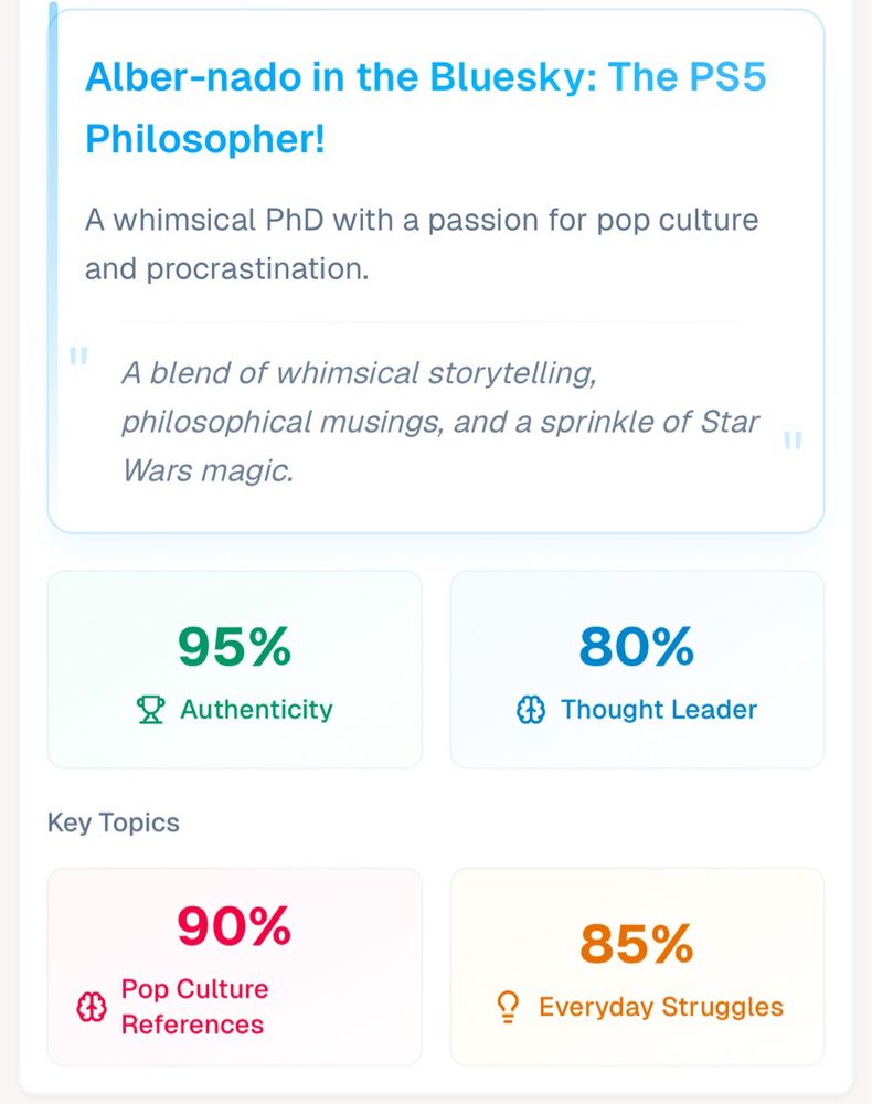 Alber-nado in the Bluesky: The PS5
Philosopher!
A whimsical PhD with a passion for pop culture and procrastination.
A blend of whimsical storytelling,
philosophical musings, and a sprinkle of Star Wars magic.

95%
Authenticity

80%
Thought Leader

Key Topics
90%
Pop Culture
References

85%
Everyday Struggles