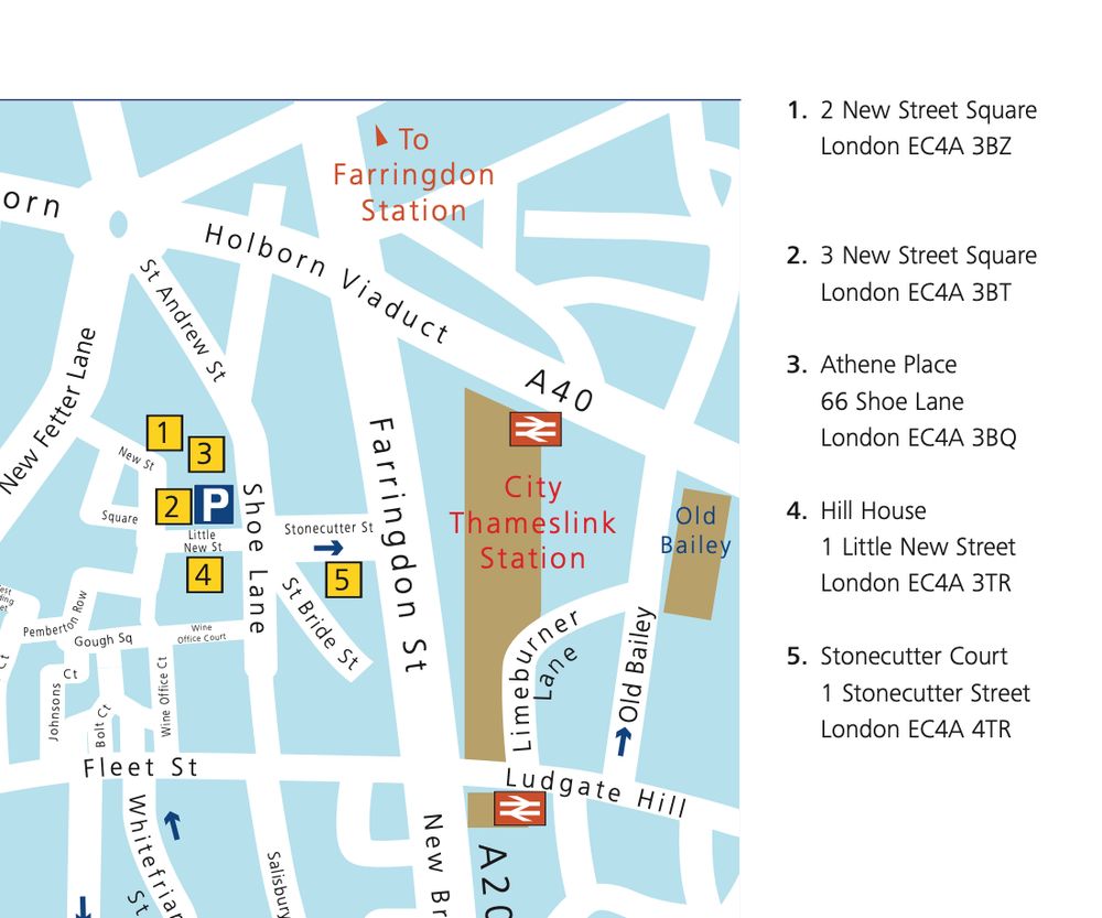 A map for Deloitte's London offices. The locations are numbered (from top left to bottom right), 1, 3, 2, 4, & 5. The key to the locations is: 1 is 2 New Street Square, 2 is 3 New Street Square, 3 is 66 Shoe Lane, 4 is 1 Little New Street, and 5 is 1 Stonecutter Street.
