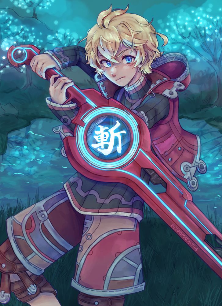 an illustration of shulk from xenoblade chronicles holding out his monado so the art symbol in the center can be seen. he's in satorl marsh.