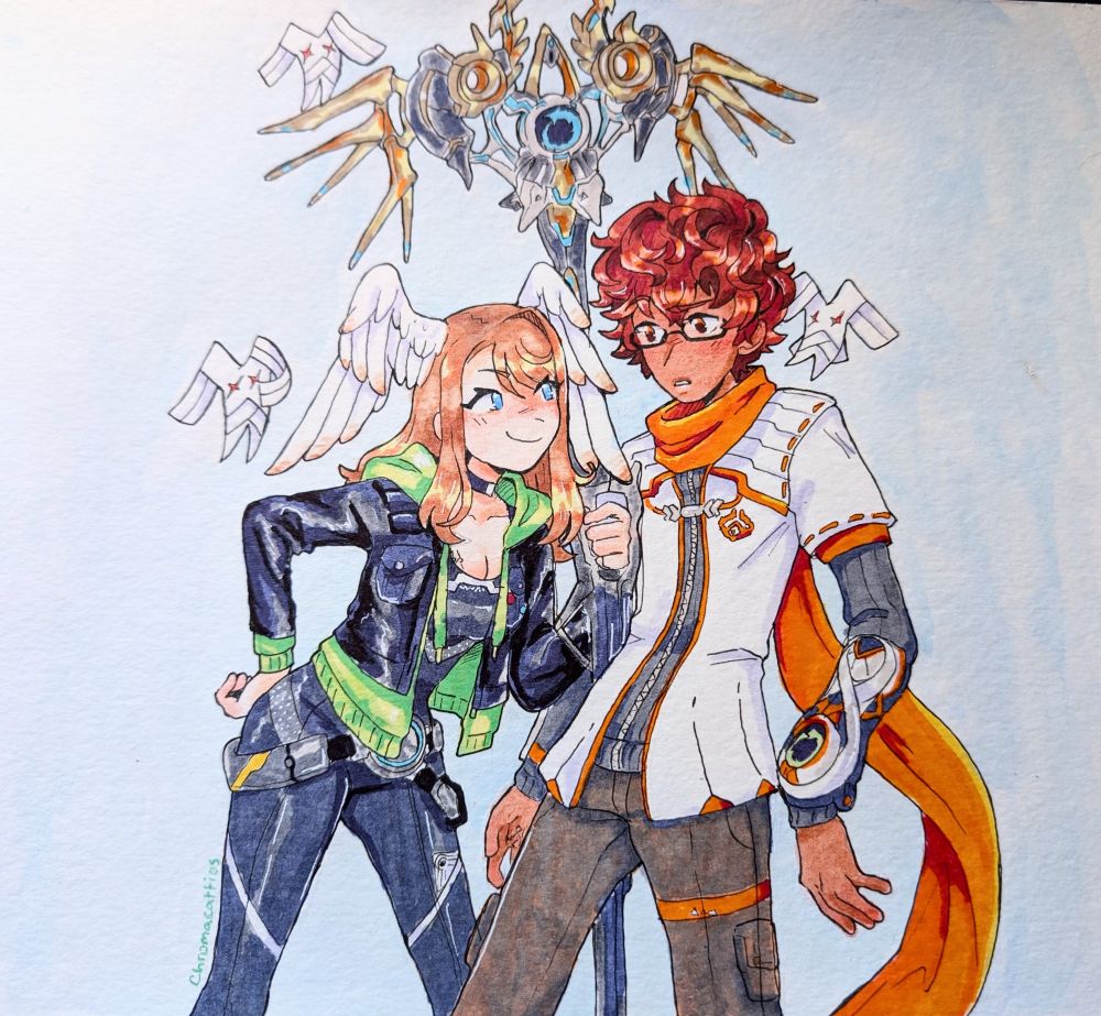 a traditional illustration of taion and eunie from Xenoblade chronicles 3. eunie is giving taion a smug look, as he looks back at her confused.
