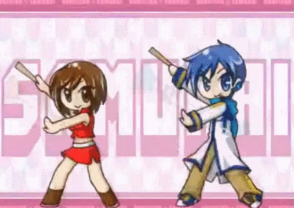 a boy and a girl are dancing in front of a pink background with the word samurai .