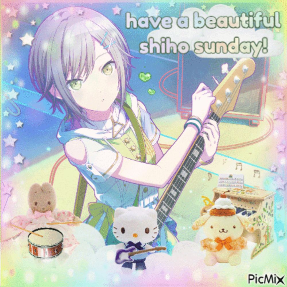 a picture of a girl playing a guitar with the words have a beautiful shiho sunday below her