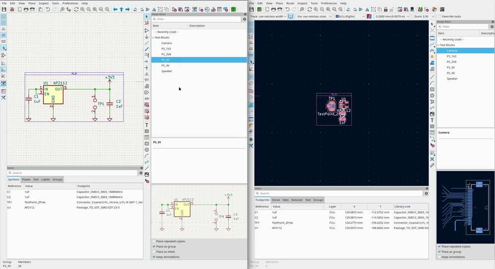 KiCad schematic and pcb editors side by side, the left side has a schematic editor with a schematic design block with a title header and a wired up LDO block. The right side has a pcb design block with a title header and the components but not placed or routed yet.